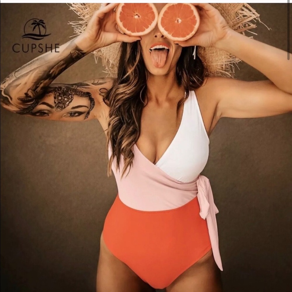 Cupshe Orange & White Bowknot One Piece - Picture 2 of 7